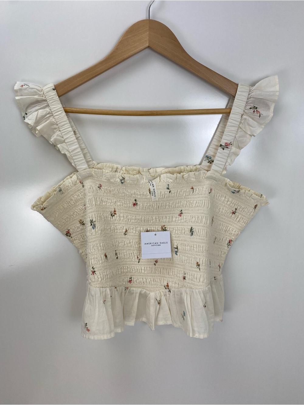 American Eagle Outfitters Cream Floral Smocked Ruffle Camisole